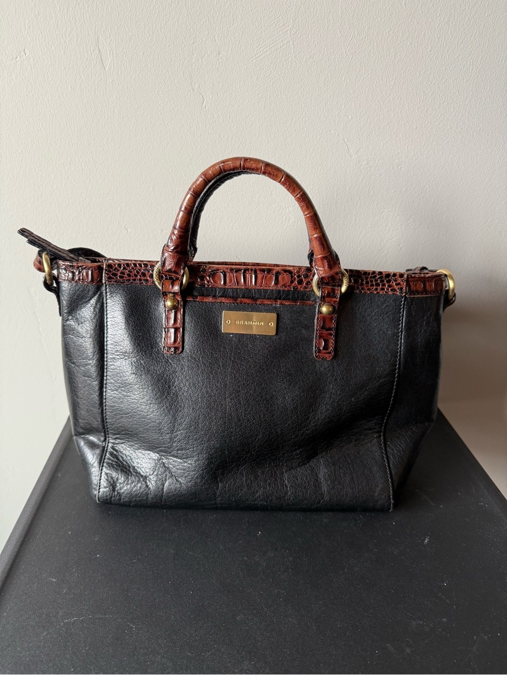 Brahmin Black Leather Trim Satchel with Brown Croc Accent